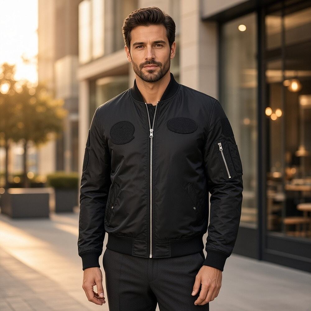 American Stitch Men's SM Black Satin Bomber Jacket American Military Vet Patches